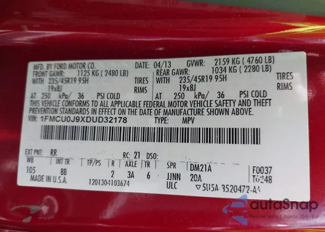 2013 Ford Escape Titanium z USA, uszkodzony, nr VIN 1FMCU0J9XDUD32178